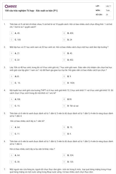 100 câu trắc nghiệm Tổ hợp - Xác suất cơ bản (P1)