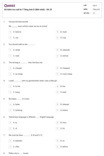 Đề kiểm tra cuối kì I Tiếng Anh 8 (Mới nhất) - Đề 25