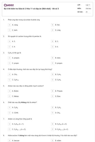 Bộ 6 Đề kiểm tra Giữa kì 2 Hóa 11 có đáp án (Mới nhất) - Đề số  3
