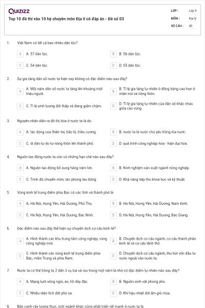 Top 10 đề thi vào 10 hệ chuyên môn Địa lí có đáp án - Đề số 03