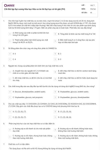 236 Bài tập Đại cương Hóa học Hữu cơ ôn thi Đại học có lời giải (P4)