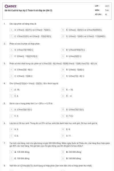 Đề thi Cuối kì học kỳ 2 Toán 6 có đáp án (Đề 3)