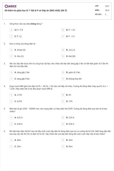 Đề kiểm tra giữa học kì 1 Vật lý 9 có đáp án (Mới nhất) (Đề 5)