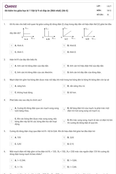 Đề kiểm tra giữa học kì 1 Vật lý 9 có đáp án (Mới nhất) (Đề 6)
