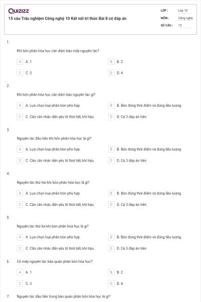 15 câu Trắc nghiệm Công nghệ 10 Kết nối tri thức Bài 8 có đáp án