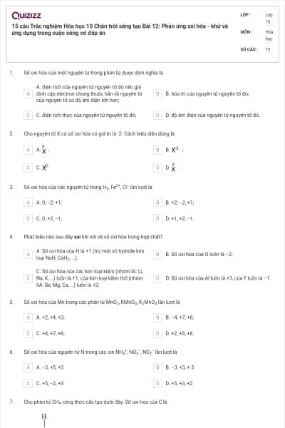 15 câu Trắc nghiệm Hóa học 10 Chân trời sáng tạo Bài 12: Phản ứng oxi hóa - khử và ứng dụng trong cuộc sống có đáp án