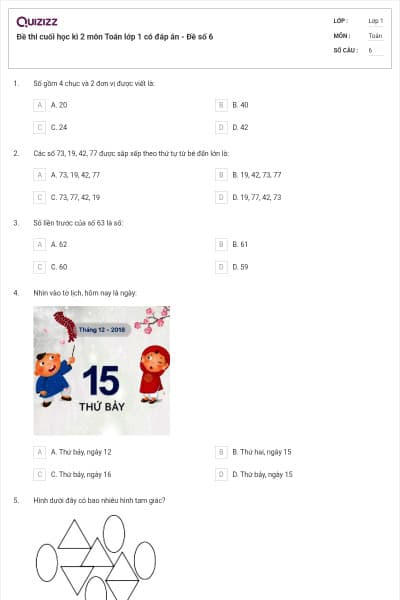 Đề thi cuối học kì 2 môn Toán lớp 1 có đáp án - Đề số 6