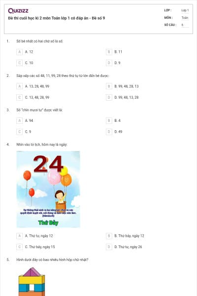 Đề thi cuối học kì 2 môn Toán lớp 1 có đáp án - Đề số 9
