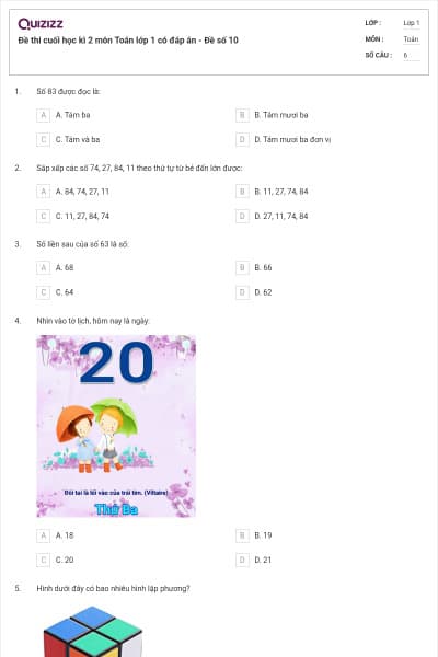 Đề thi cuối học kì 2 môn Toán lớp 1 có đáp án - Đề số 10