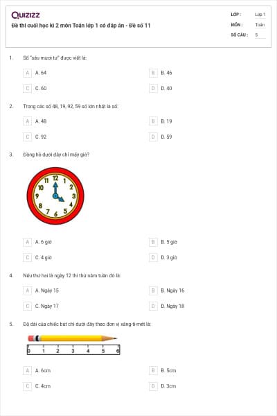 Đề thi cuối học kì 2 môn Toán lớp 1 có đáp án - Đề số 11