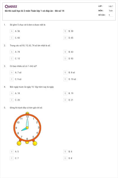 Đề thi cuối học kì 2 môn Toán lớp 1 có đáp án - Đề số 14