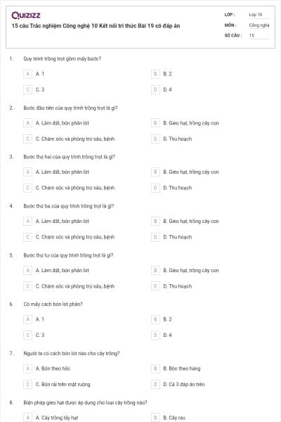 15 câu Trắc nghiệm Công nghệ 10 Kết nối tri thức Bài 19 có đáp án
