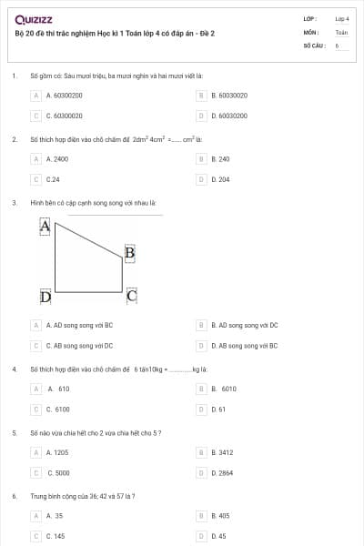 Bộ 20 đề thi trắc nghiệm Học kì 1 Toán lớp 4 có đáp án - Đề 2