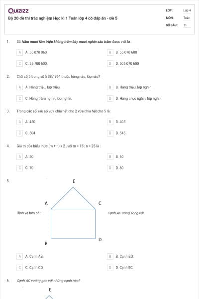 Bộ 20 đề thi trắc nghiệm Học kì 1 Toán lớp 4 có đáp án - Đề 5