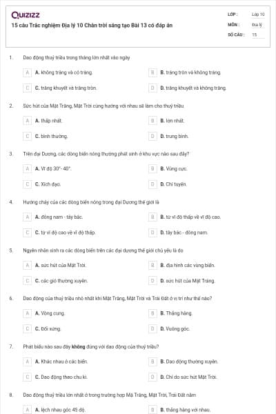 15 câu Trắc nghiệm Địa lý 10 Chân trời sáng tạo Bài 13 có đáp án