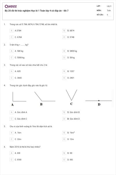 Bộ 20 đề thi trắc nghiệm Học kì 1 Toán lớp 4 có đáp án - Đề 7