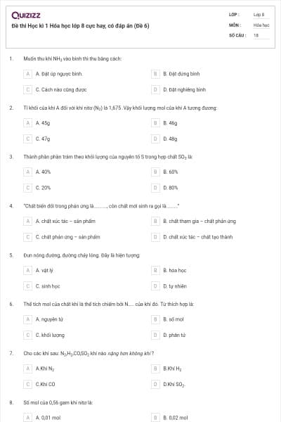 Đề thi Học kì 1 Hóa học lớp 8 cực hay, có đáp án (Đề 6)