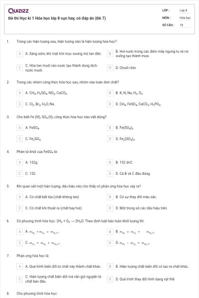 Đề thi Học kì 1 Hóa học lớp 8 cực hay, có đáp án (Đề 7)