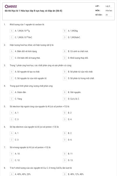 Đề thi Học kì 1 Hóa học lớp 8 cực hay, có đáp án (Đề 8)