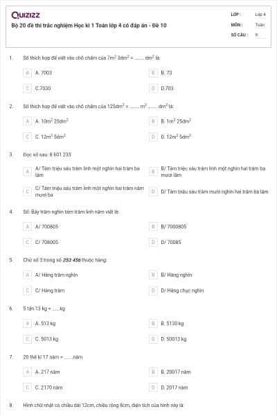 Bộ 20 đề thi trắc nghiệm Học kì 1 Toán lớp 4 có đáp án - Đề 10
