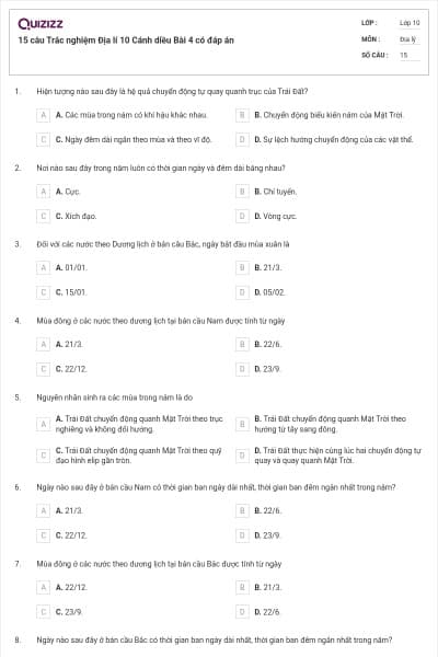 15 câu Trắc nghiệm Địa lí 10 Cánh diều Bài 4 có đáp án