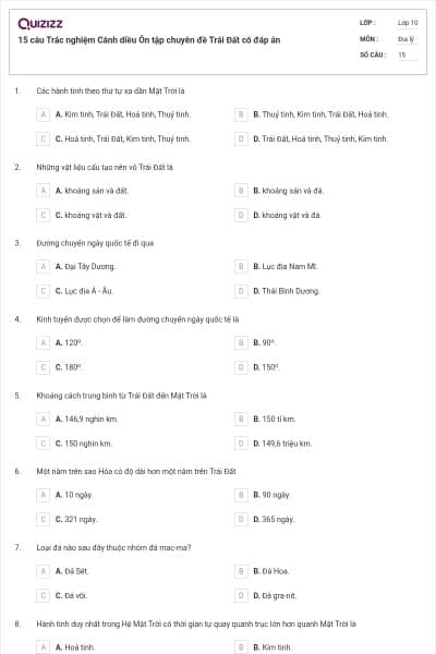 15 câu Trắc nghiệm Cánh diều Ôn tập chuyên đề Trái Đất có đáp án