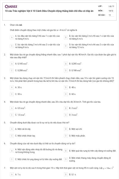 10 câu Trắc nghiệm Vật lí 10 Cánh Diều Chuyển động thẳng biến đổi đều có đáp án