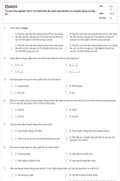 10 câu Trắc nghiệm Vật lí 10 Cánh Diều Ba định luật Newton về chuyển động có đáp án