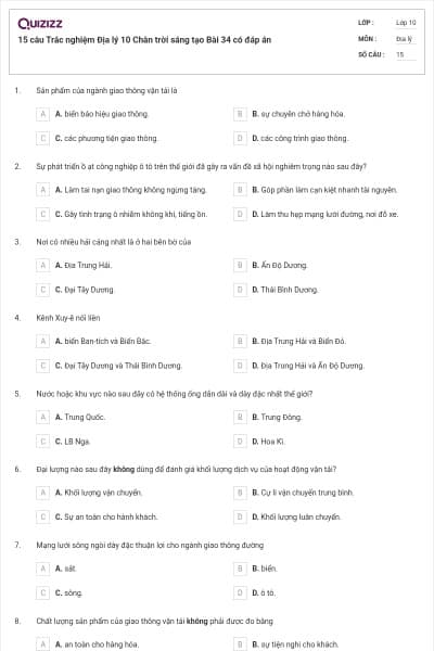15 câu Trắc nghiệm Địa lý 10 Chân trời sáng tạo Bài 34 có đáp án