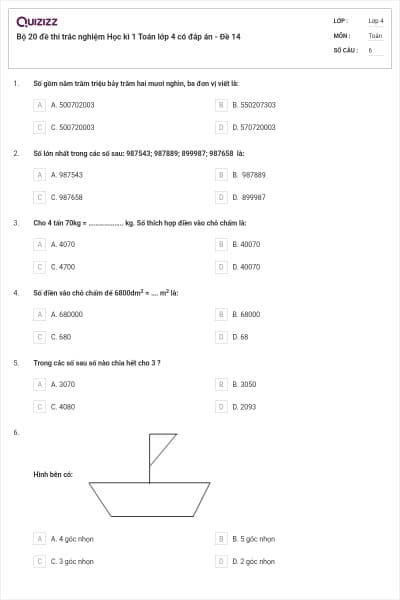 Bộ 20 đề thi trắc nghiệm Học kì 1 Toán lớp 4 có đáp án - Đề 14