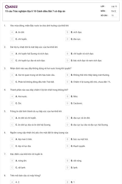 15 câu Trắc nghiệm Địa lí 10 Cánh diều Bài 7 có đáp án