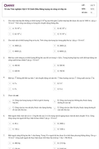 10 câu Trắc nghiệm Vật lí 10 Cánh Diều Năng lượng và công có đáp án