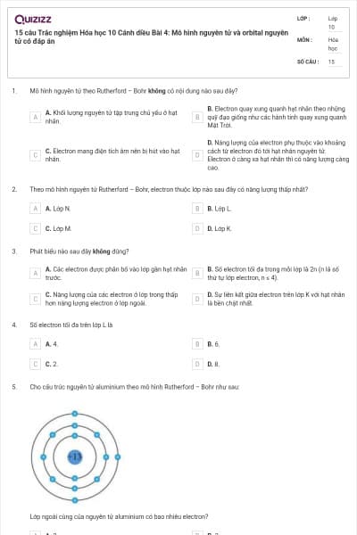 15 câu  Trắc nghiệm Hóa học 10 Cánh diều Bài 4: Mô hình nguyên tử và orbital nguyên tử có đáp án