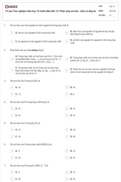 15 câu  Trắc nghiệm Hóa học 10 Cánh diều Bài 13: Phản ứng oxi hóa - khử có đáp án