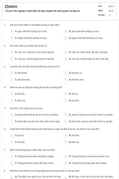 15 câu Trắc nghiệm Cánh diều Ôn tập chuyên đề sinh quyển có đáp án