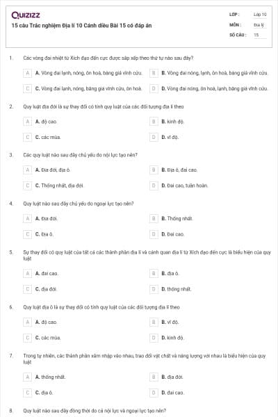 15 câu Trắc nghiệm Địa lí 10 Cánh diều Bài 15 có đáp án