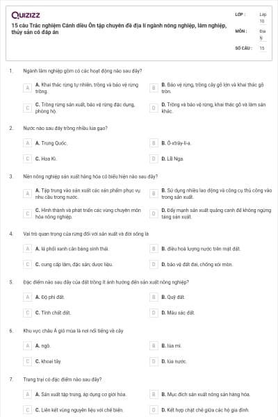15 câu  Trắc nghiệm Cánh diều Ôn tập chuyên đề địa lí ngành nông nghiệp, lâm nghiệp, thủy sản có đáp án