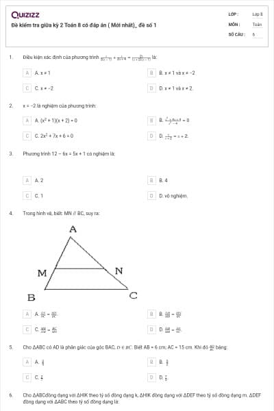 Đề kiểm tra giữa kỳ 2 Toán 8 có đáp án ( Mới nhất)_ đề số 1