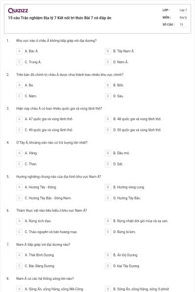15 câu Trắc nghiệm Địa lý 7 Kết nối tri thức Bài 7 có đáp án
