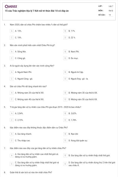 15 câu Trắc nghiệm Địa lý 7 Kết nối tri thức Bài 10 có đáp án