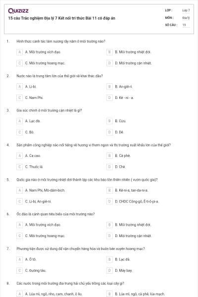 15 câu Trắc nghiệm Địa lý 7 Kết nối tri thức Bài 11 có đáp án