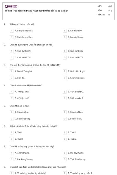 15 câu Trắc nghiệm Địa lý 7 Kết nối tri thức Bài 13 có đáp án