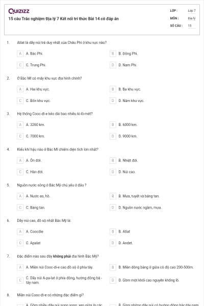 15 câu Trắc nghiệm Địa lý 7 Kết nối tri thức Bài 14 có đáp án