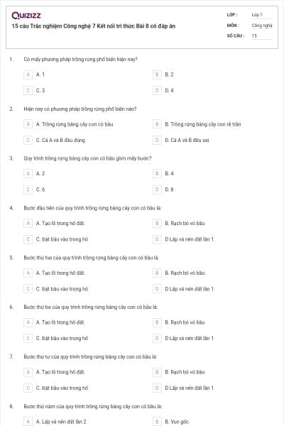 15 câu Trắc nghiệm Công nghệ 7 Kết nối tri thức Bài 8 có đáp án