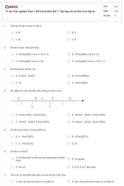 15 câu Trắc nghiệm Toán 7 Kết nối tri thức Bài 1: Tập hợp các số hữu tỉ có đáp án