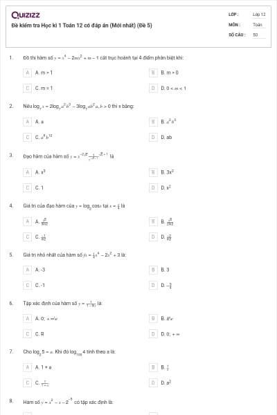 Đề kiểm tra Học kì 1 Toán 12 có đáp án (Mới nhất) (Đề 5)