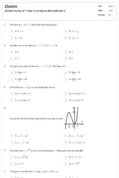 Đề kiểm tra Học kì 1 Toán 12 có đáp án (Mới nhất) (Đề 7)