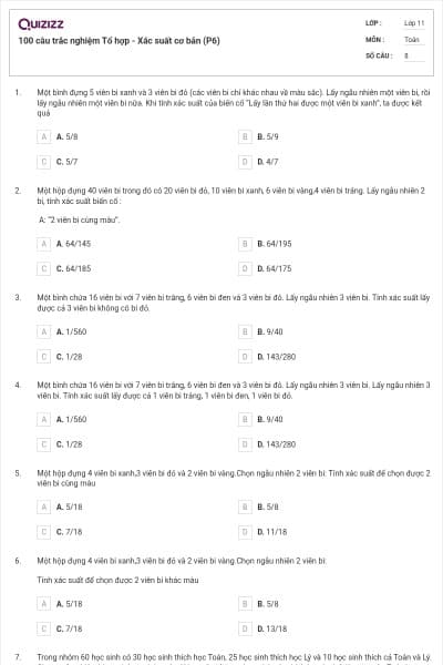 100 câu trắc nghiệm Tổ hợp - Xác suất cơ bản (P6)