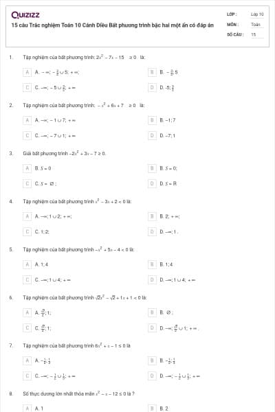 15 câu Trắc nghiệm Toán 10 Cánh Diều Bất phương trình bậc hai một ẩn có đáp án