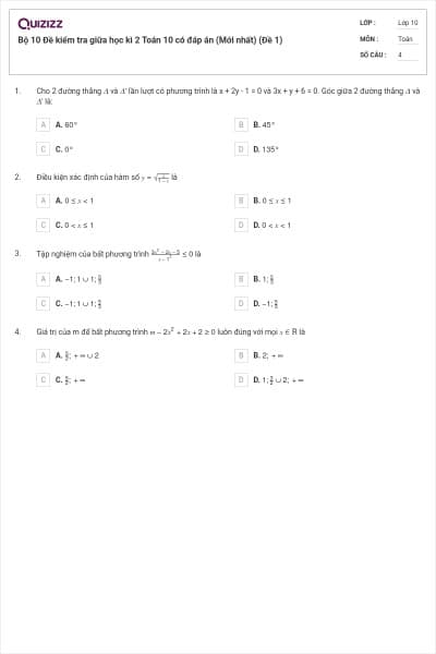 Bộ 10 Đề kiểm tra giữa học kì 2 Toán 10 có đáp án (Mới nhất) (Đề 1)